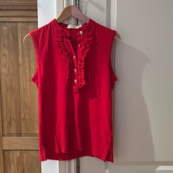 🎀 Tory Burch cotton small red sleeveless button up top small - Picture 1 of 11